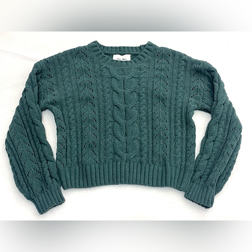 Pink Rose Women’s Polyester Chunky Soft Cozy Cable Knit Green Sweater Small